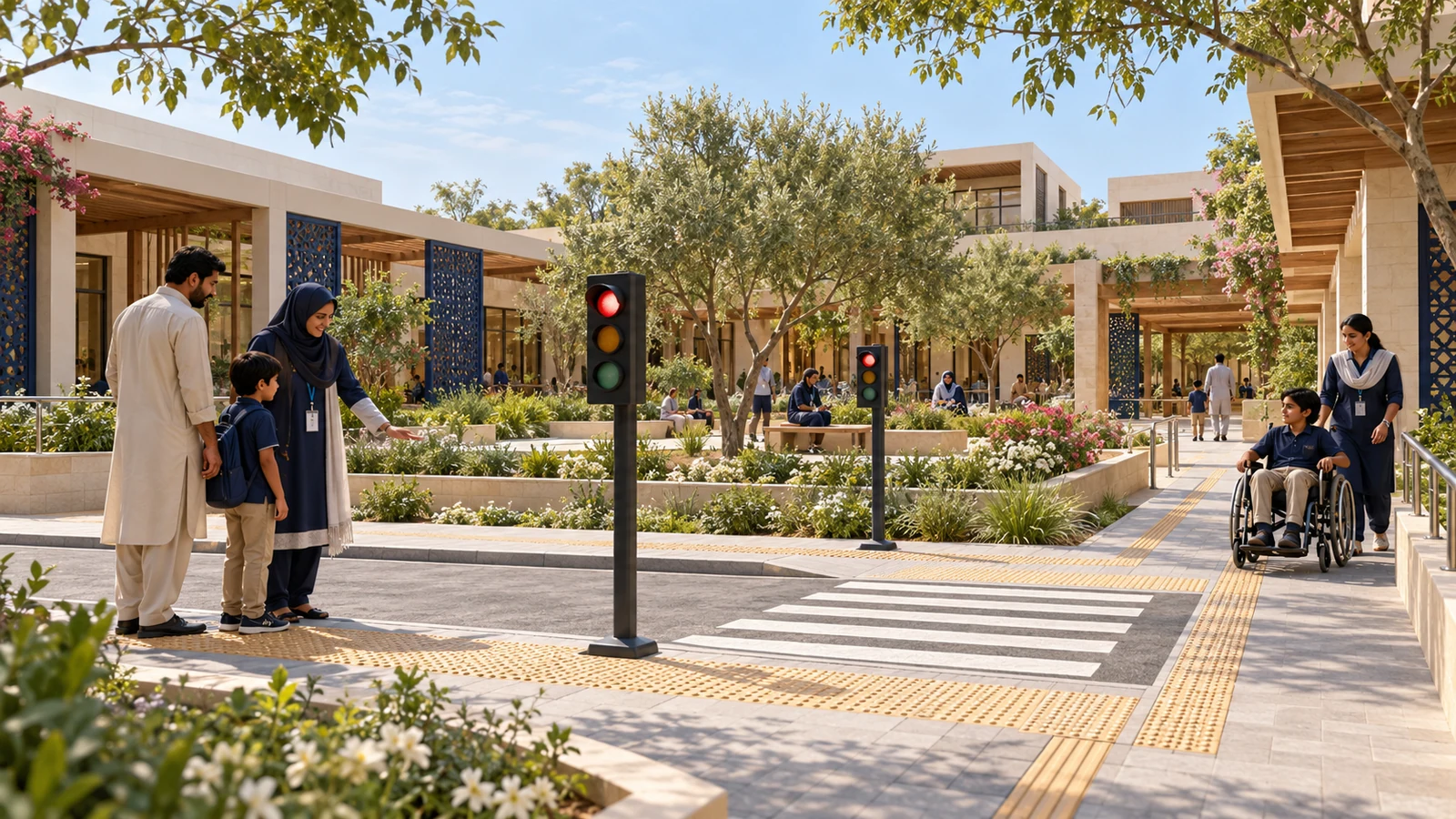 Safe pedestrian-crossing practice courtyard — proposed campus concept