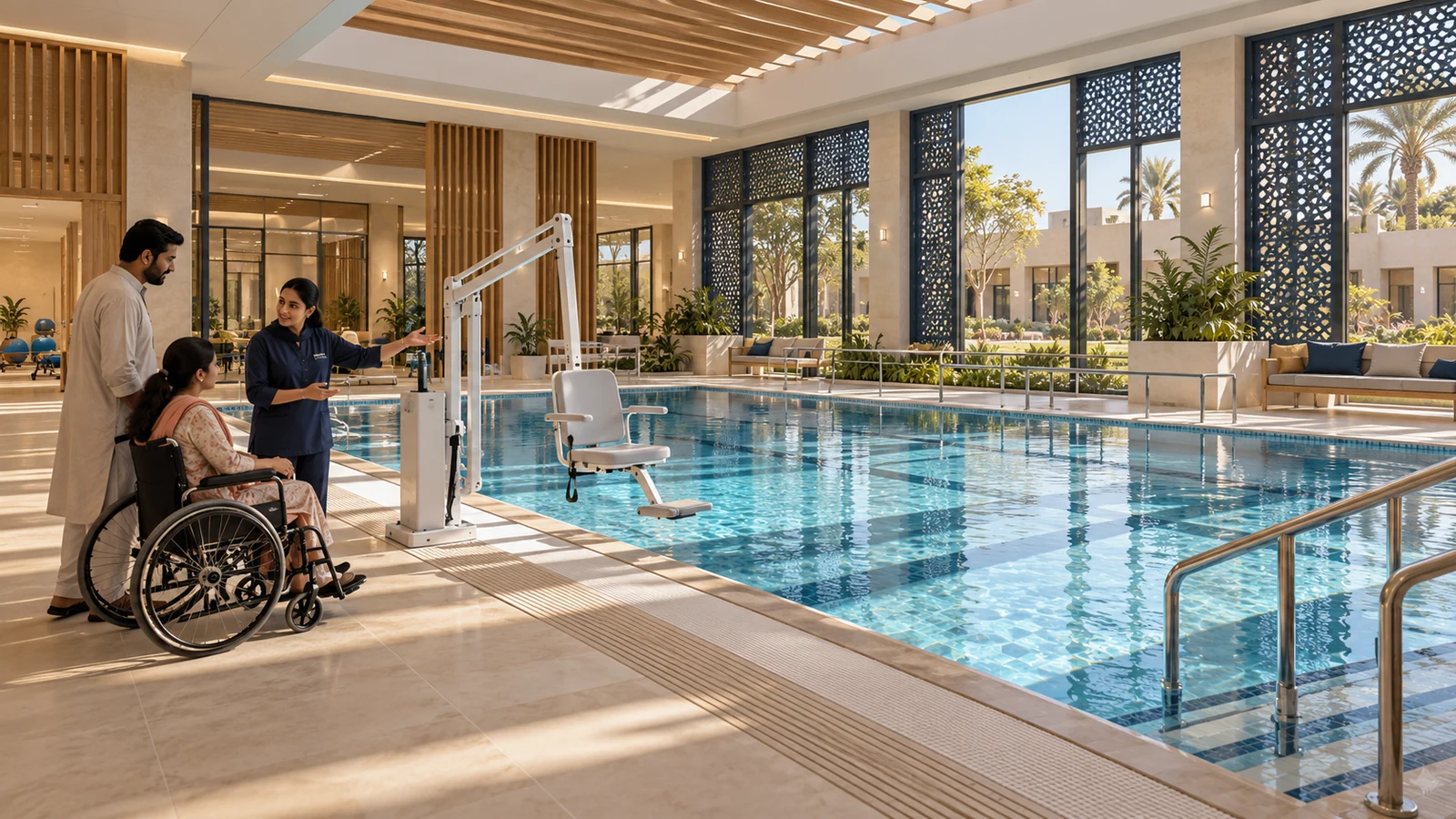Aquatic access & pool-transfer training area — proposed campus concept