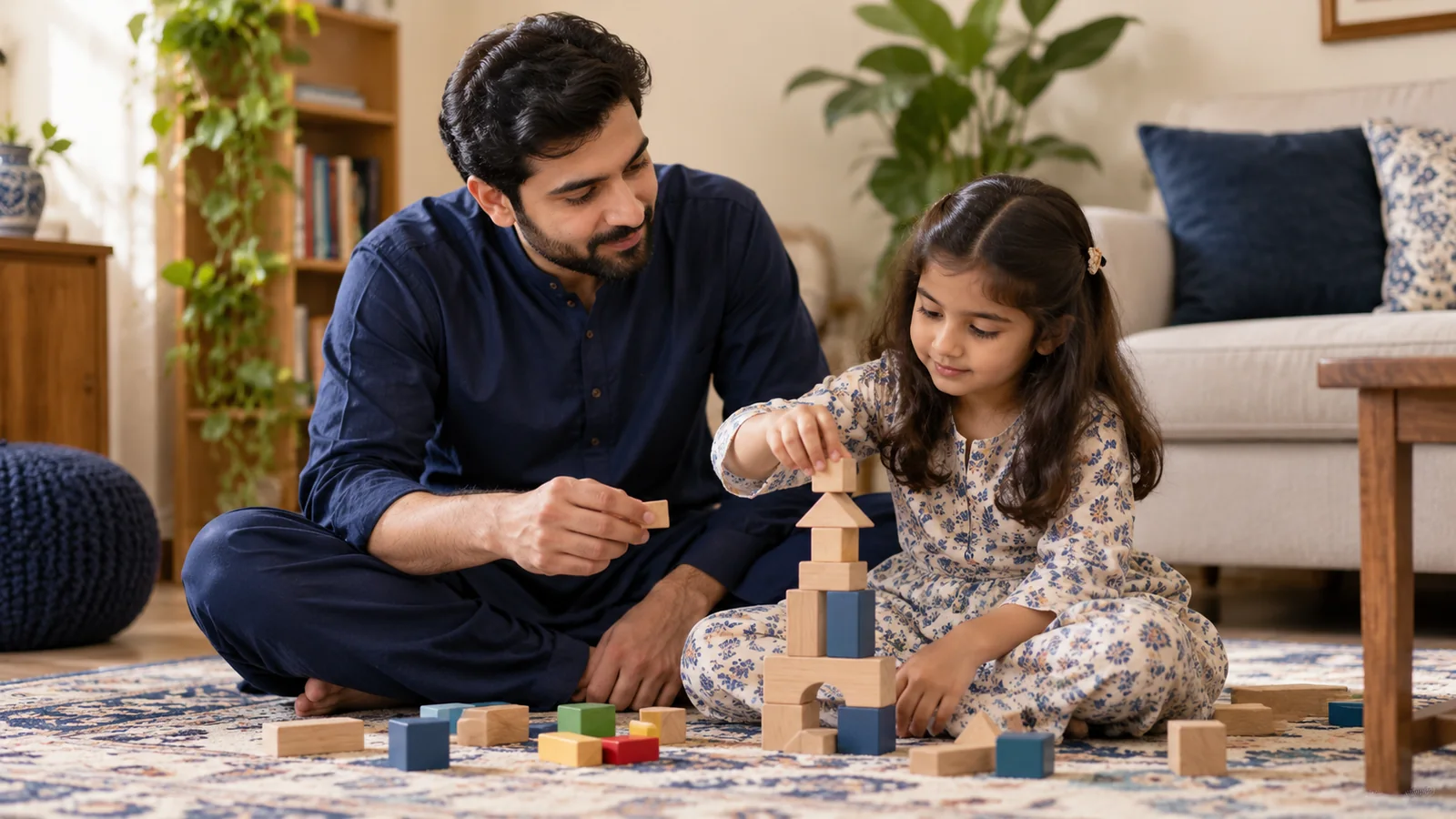 Illustrative Pakistani father and daughter enjoying a wooden-block game at home.