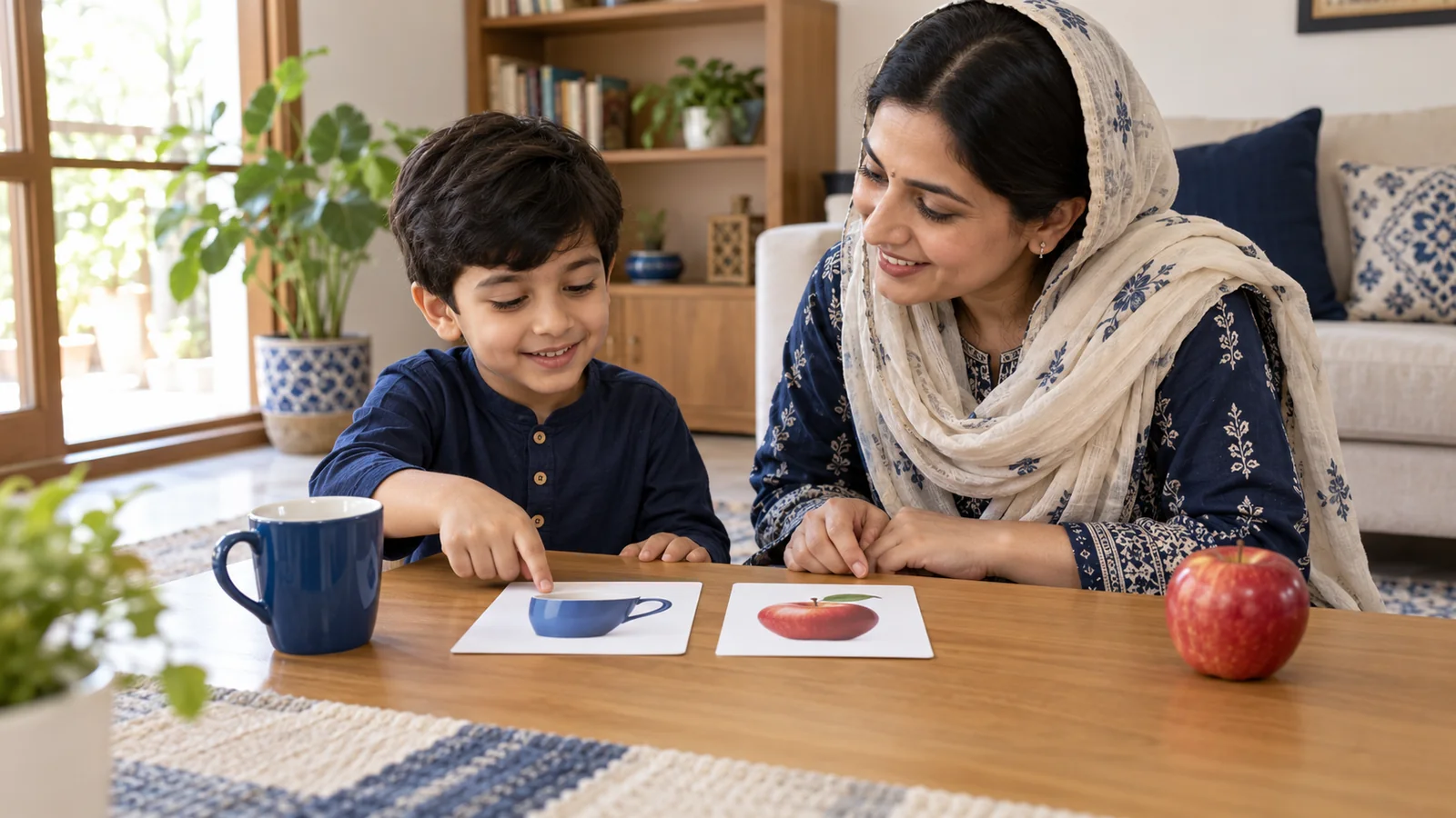 Illustrative mother supporting her child to choose between simple picture cards at home.