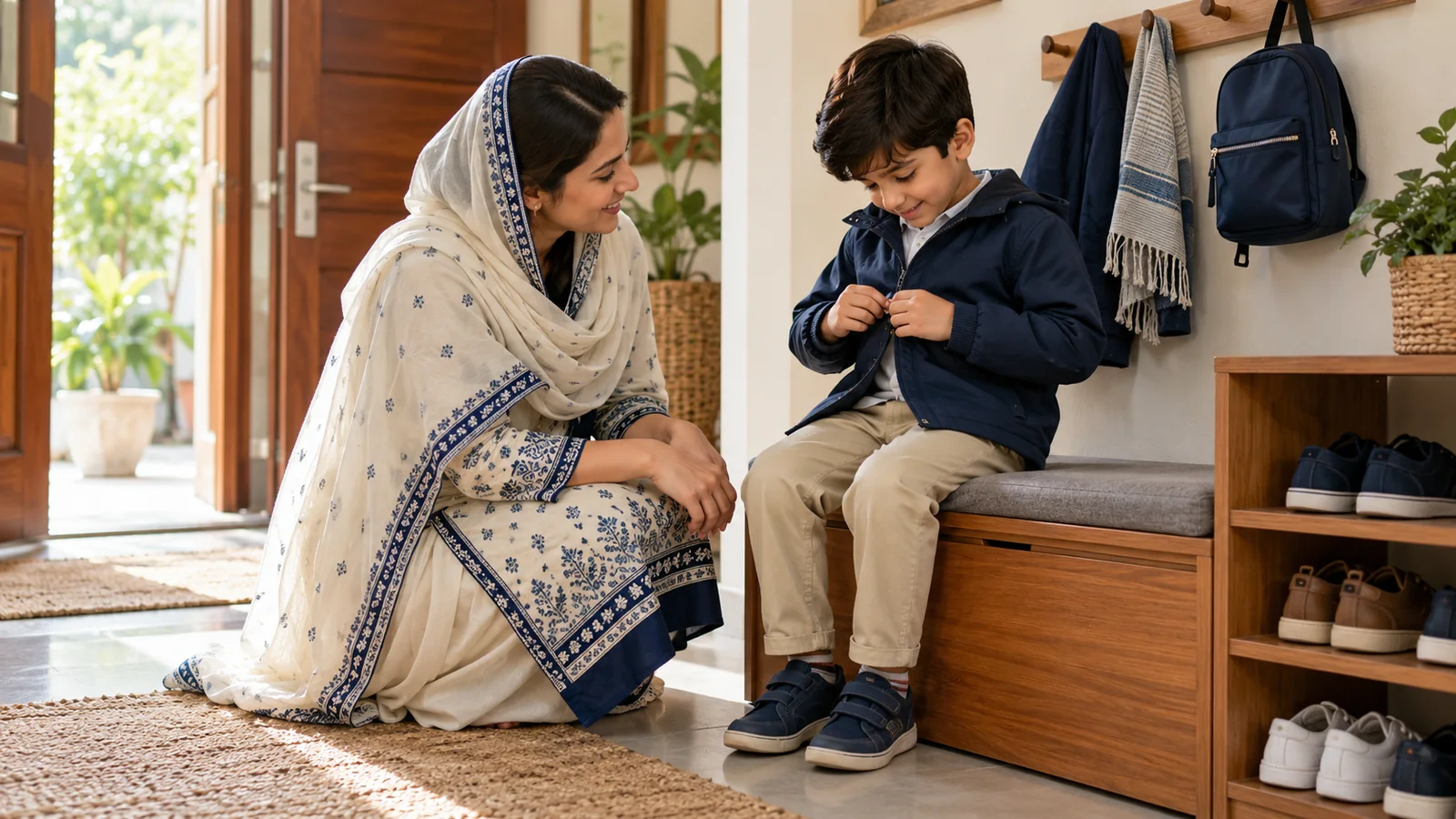 Illustrative parent encouraging a child to fasten a jacket during a home routine.