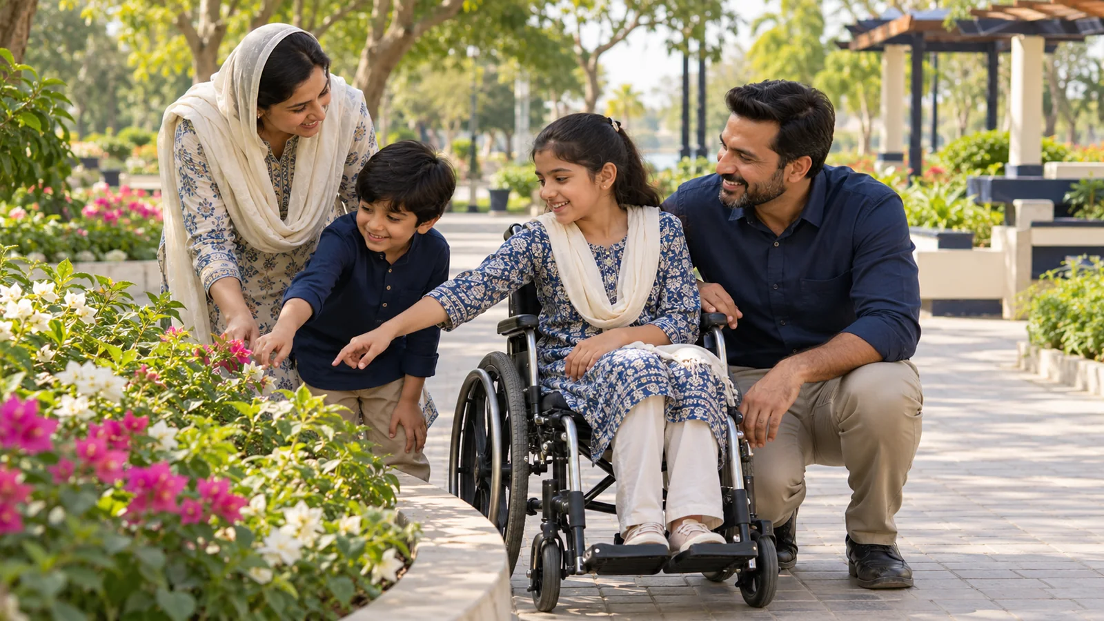 Illustrative Pakistani family including a child using a wheelchair enjoying an accessible garden path.