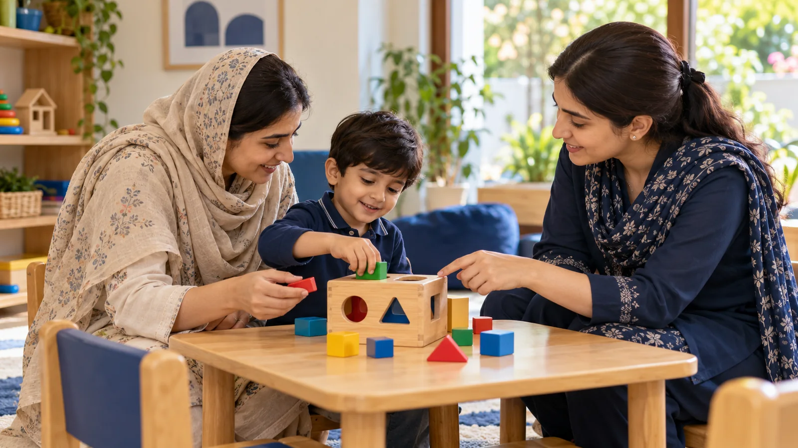 Illustrative parent and professional discussing a play activity while a child takes part.