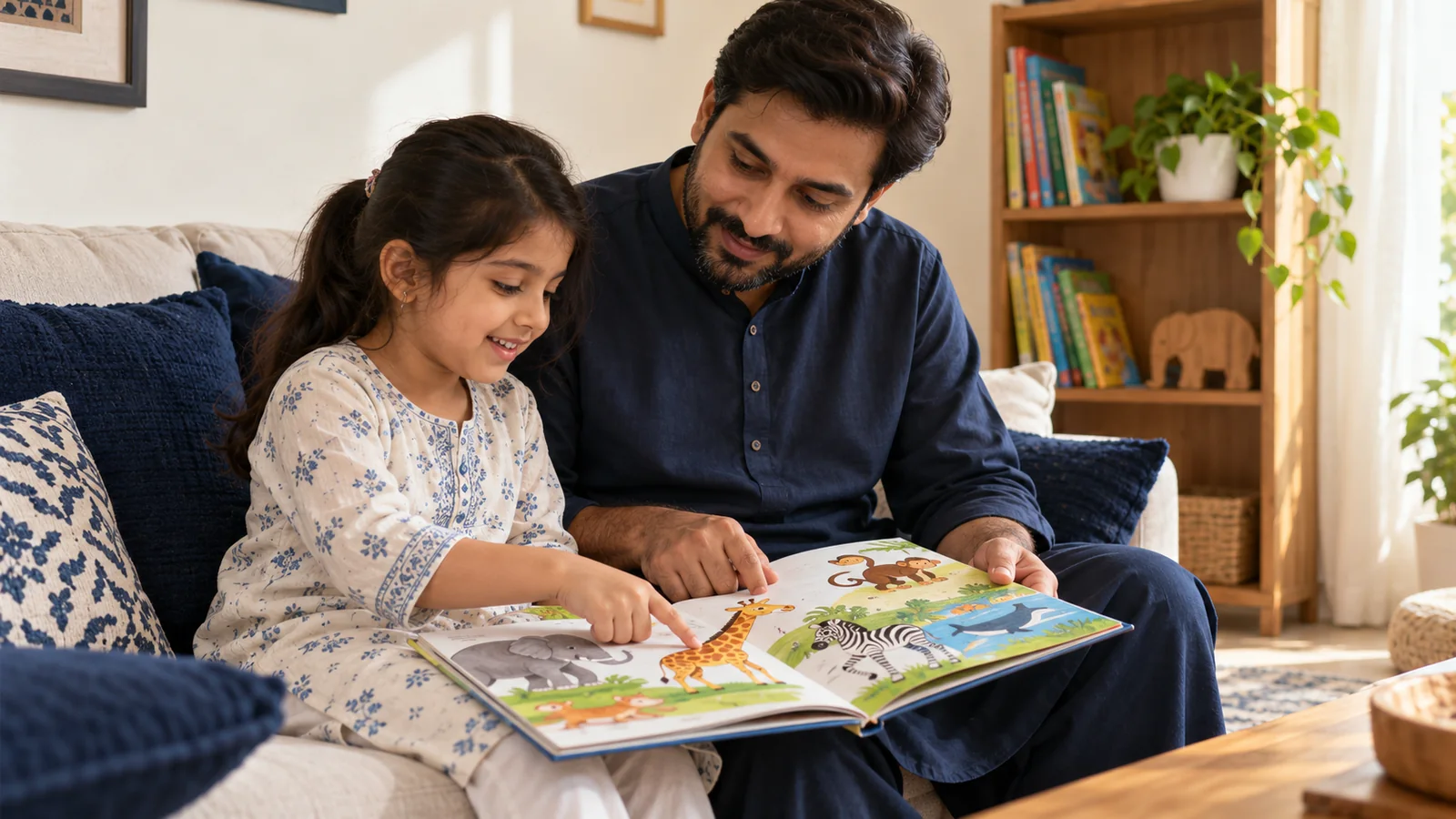 Illustrative Pakistani father and child exploring a picture book together at home.