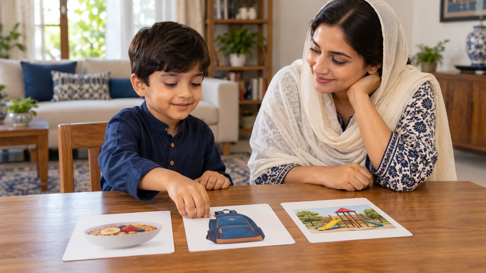 Illustrative mother and child arranging simple picture cards for their day.