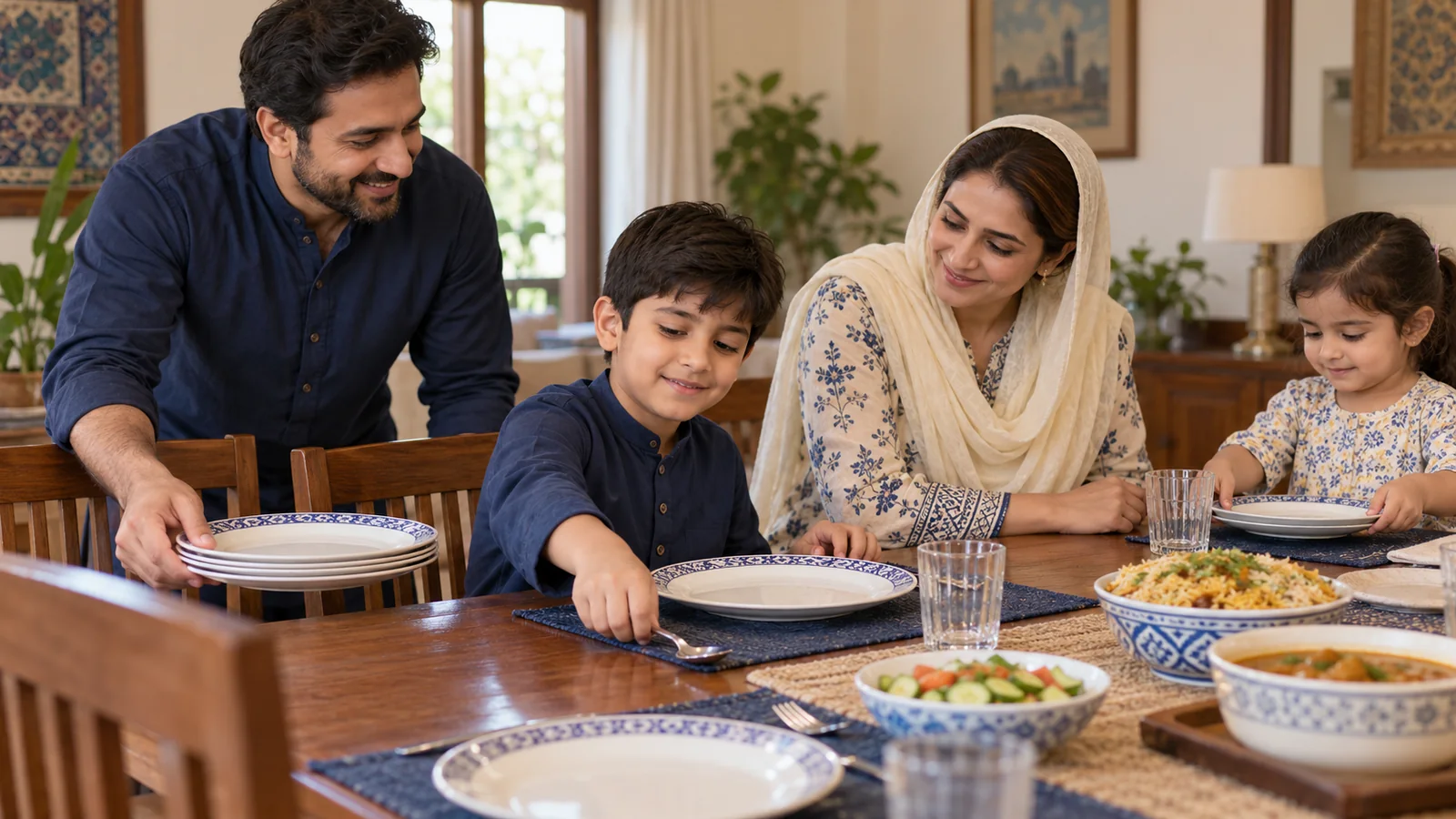Illustrative Pakistani family sharing a calm meal while a child sets a spoon beside a plate.