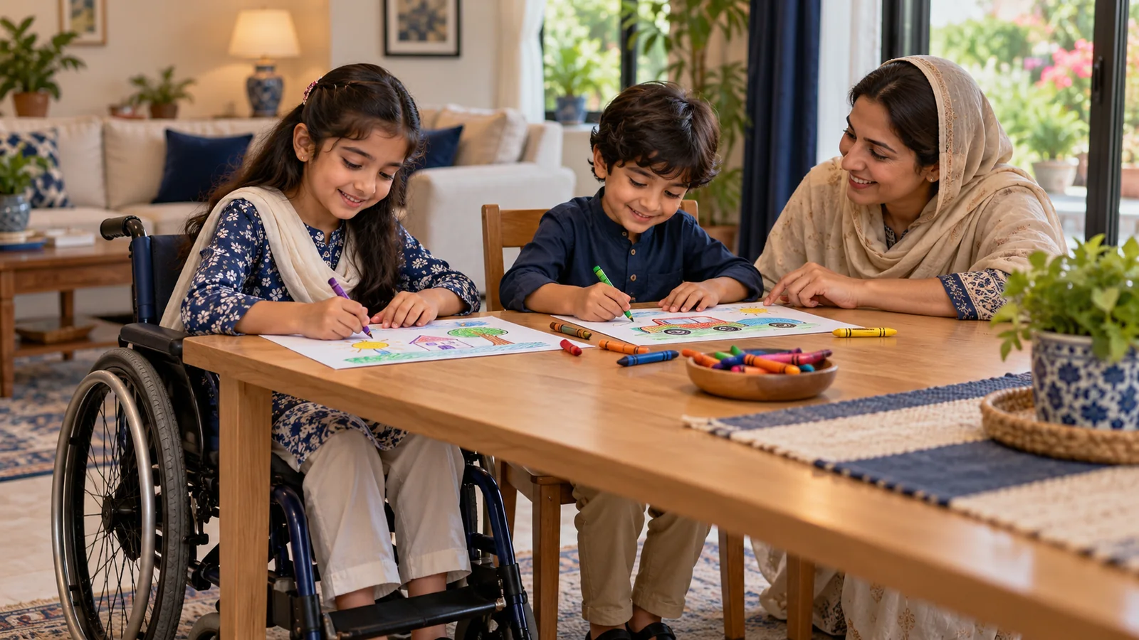 Illustrative siblings making colourful artwork together at an accessible home table.