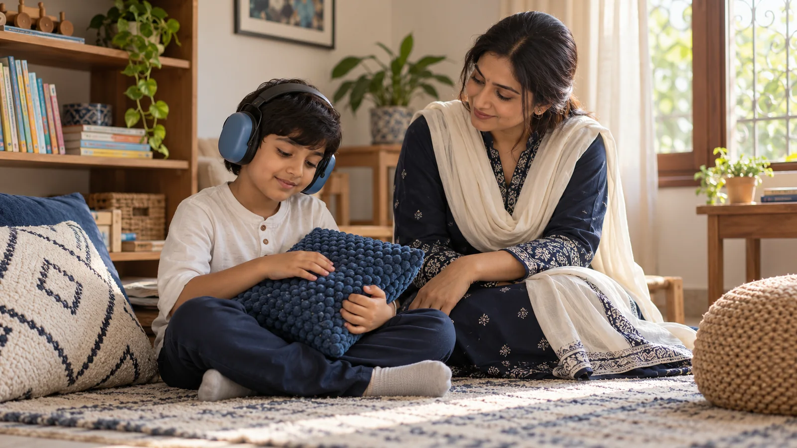 Illustrative Pakistani mother sitting calmly beside her child in a quiet reading corner.