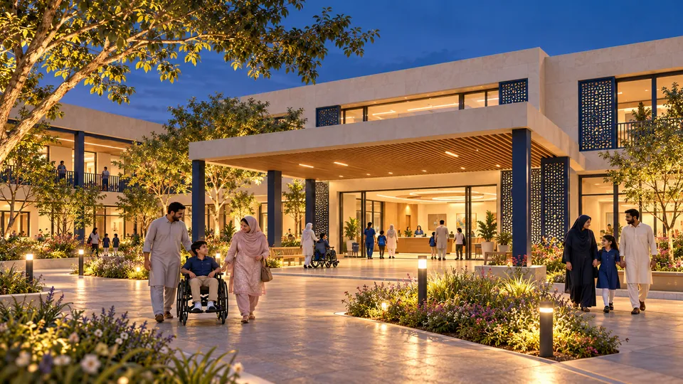 Campus entrance at dusk — proposed concept