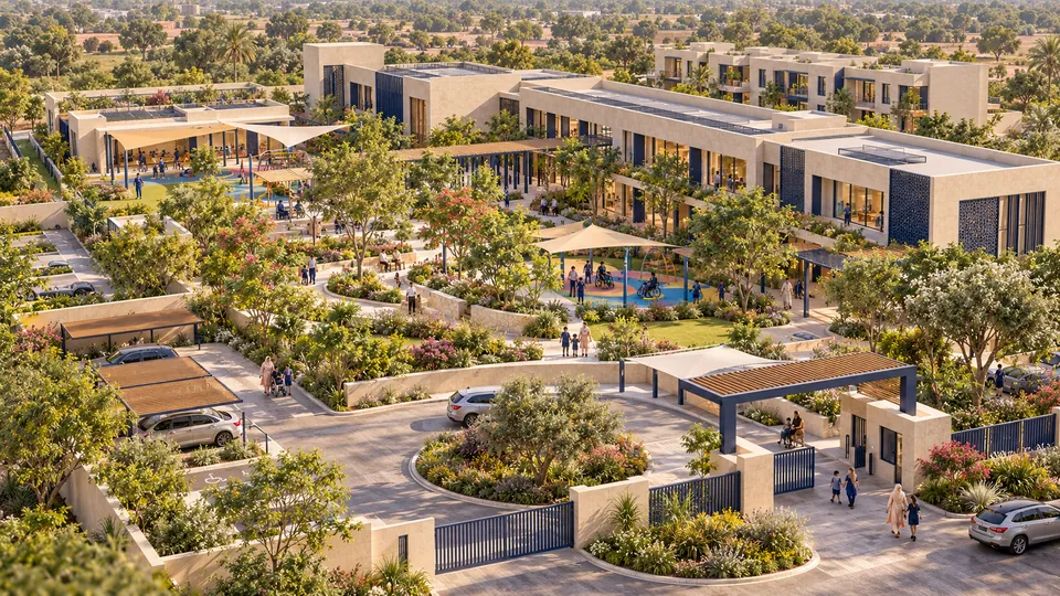 Campus gardens & connected wings from above — proposed concept