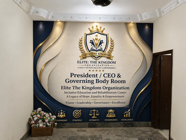 Navy and gold executive logo wall — Current Facility