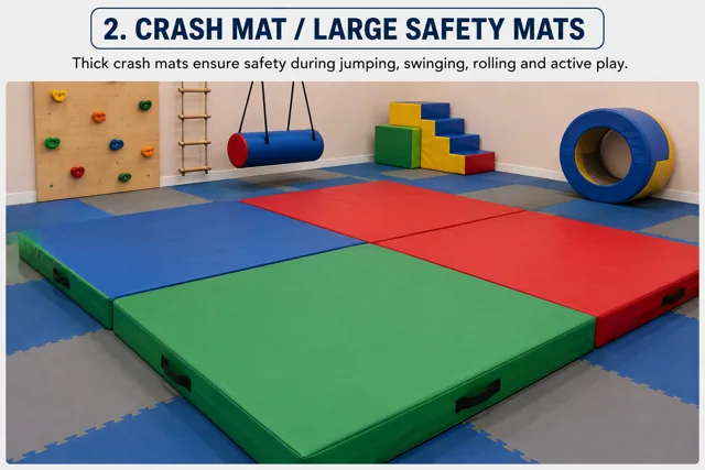 Colorful Crash Mats in an Indoor Playroom — Current Facility