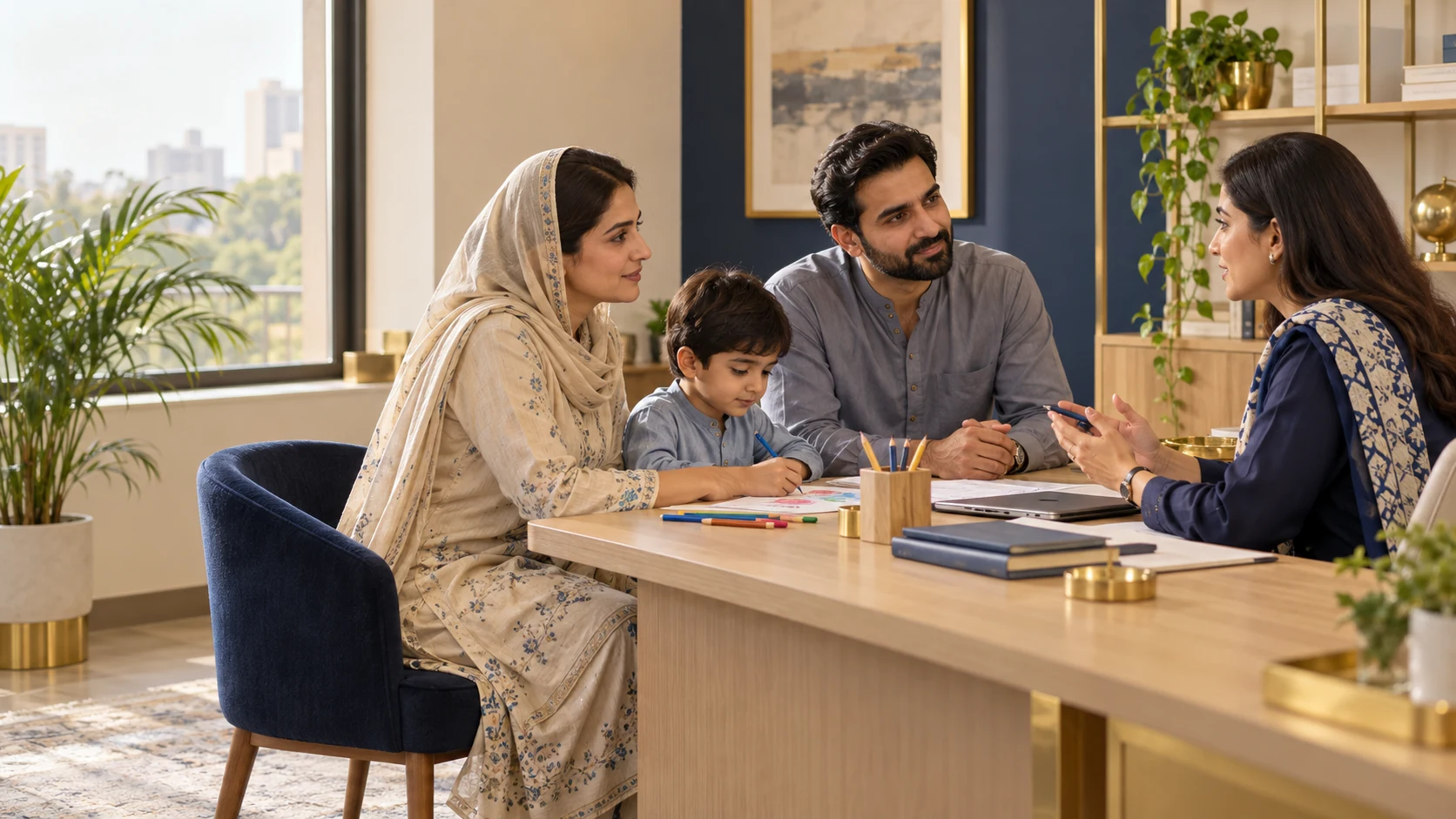 Pakistani parents and their child having a supportive consultation with an educator