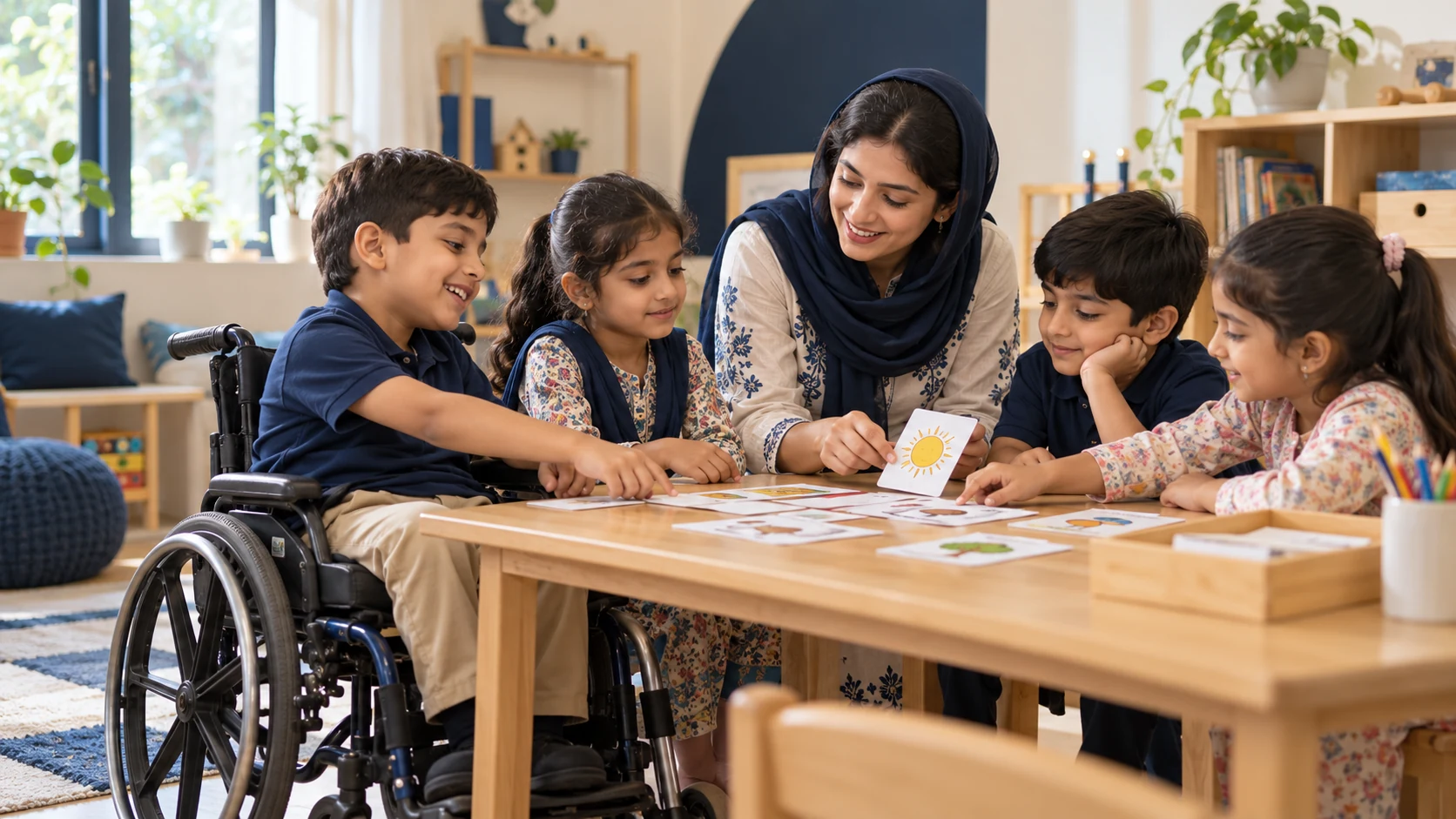 Pakistani educator and children, including a wheelchair user, participating together in an accessible classroom