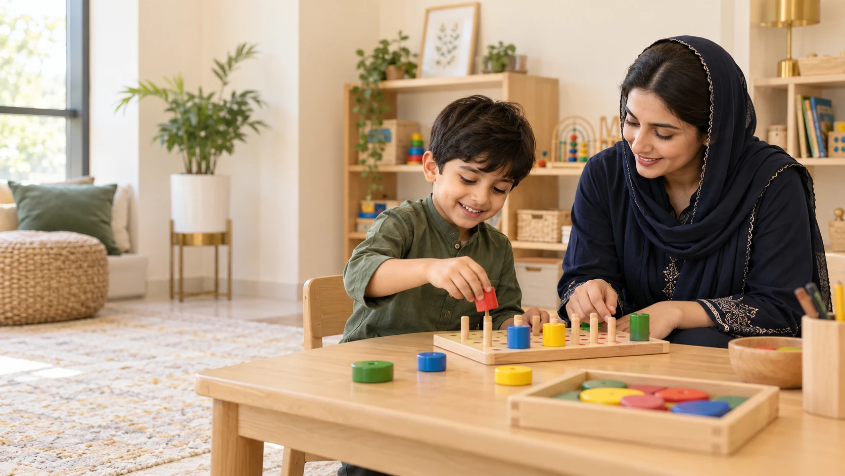 Pakistani therapist and child working together on a fine motor activity