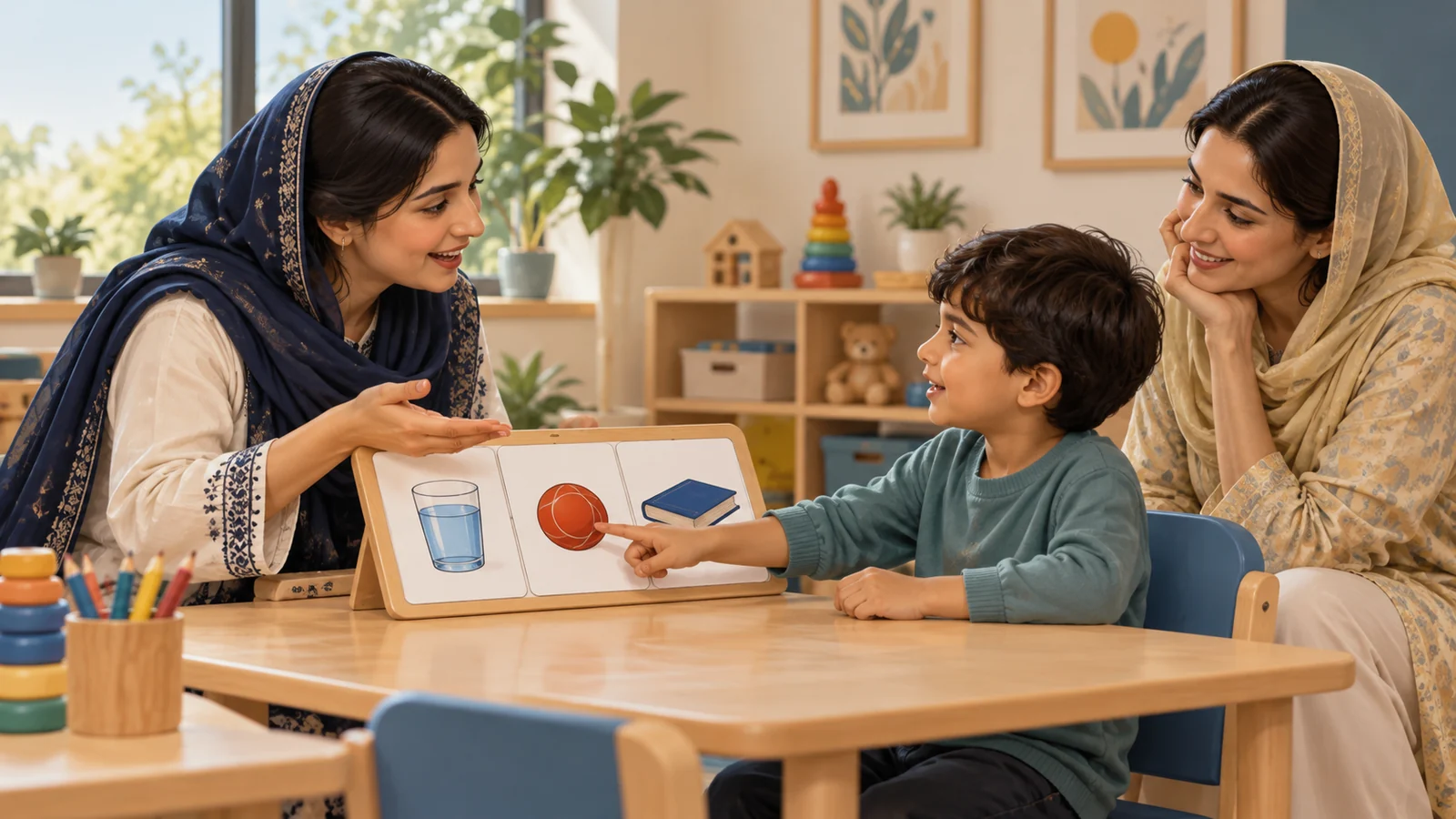 Illustrative speech therapist and child using a picture communication board with a caregiver