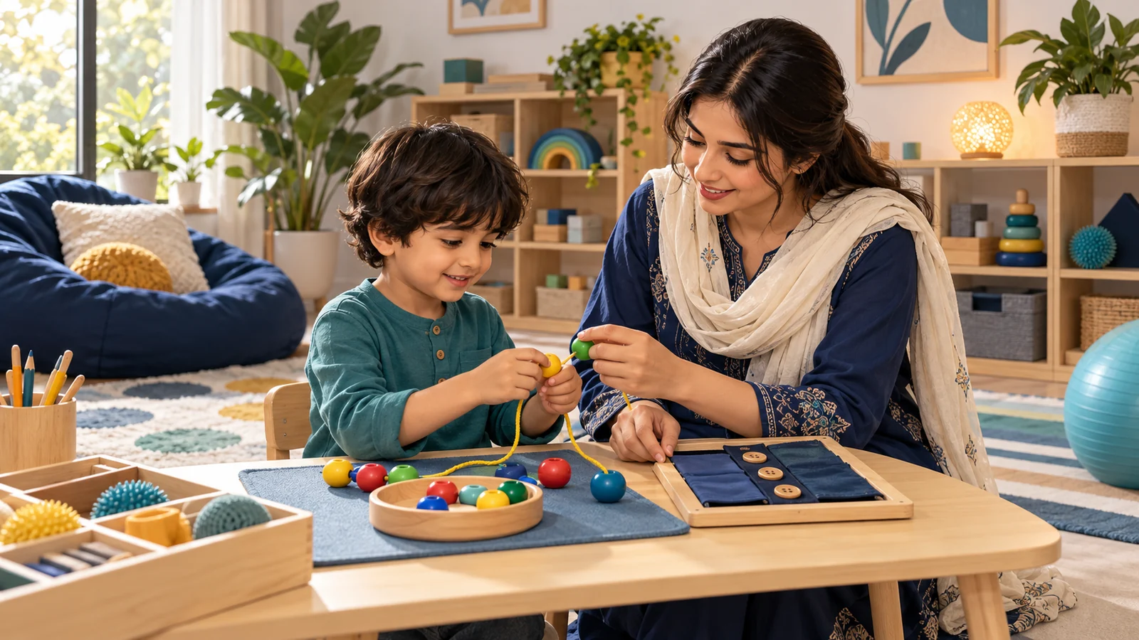 Illustrative occupational therapist and child working with large beads and a practice button board