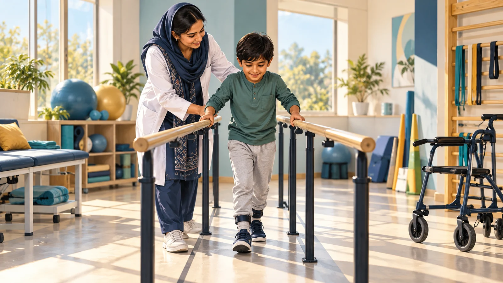 Illustrative physiotherapist supervising a child walking between parallel bars in an accessible room