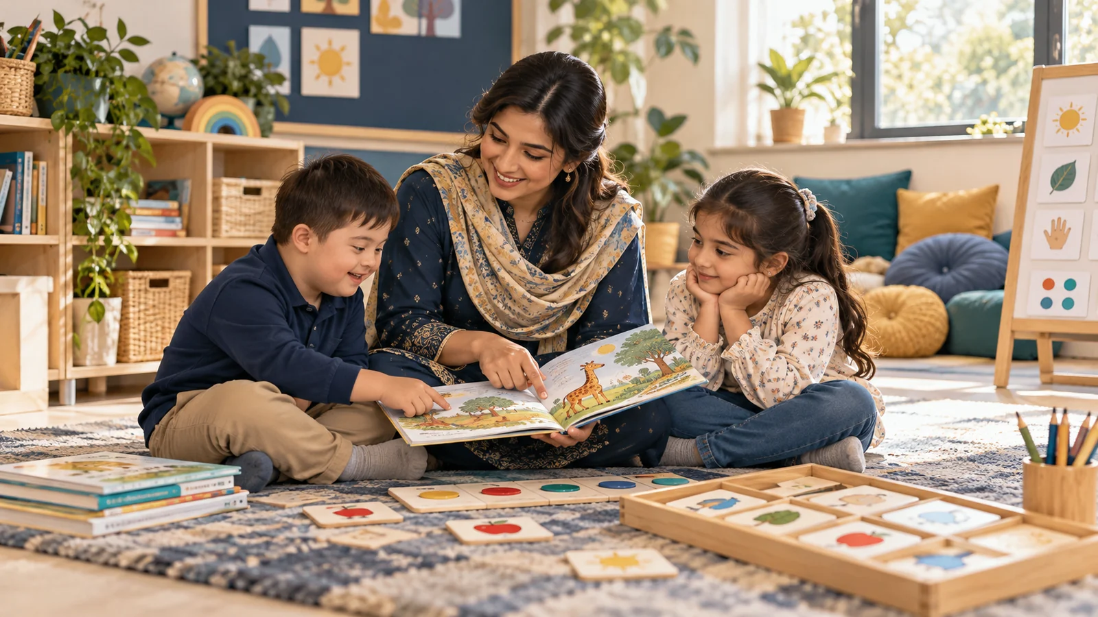 Illustrative special-education teacher reading a picture book with two children