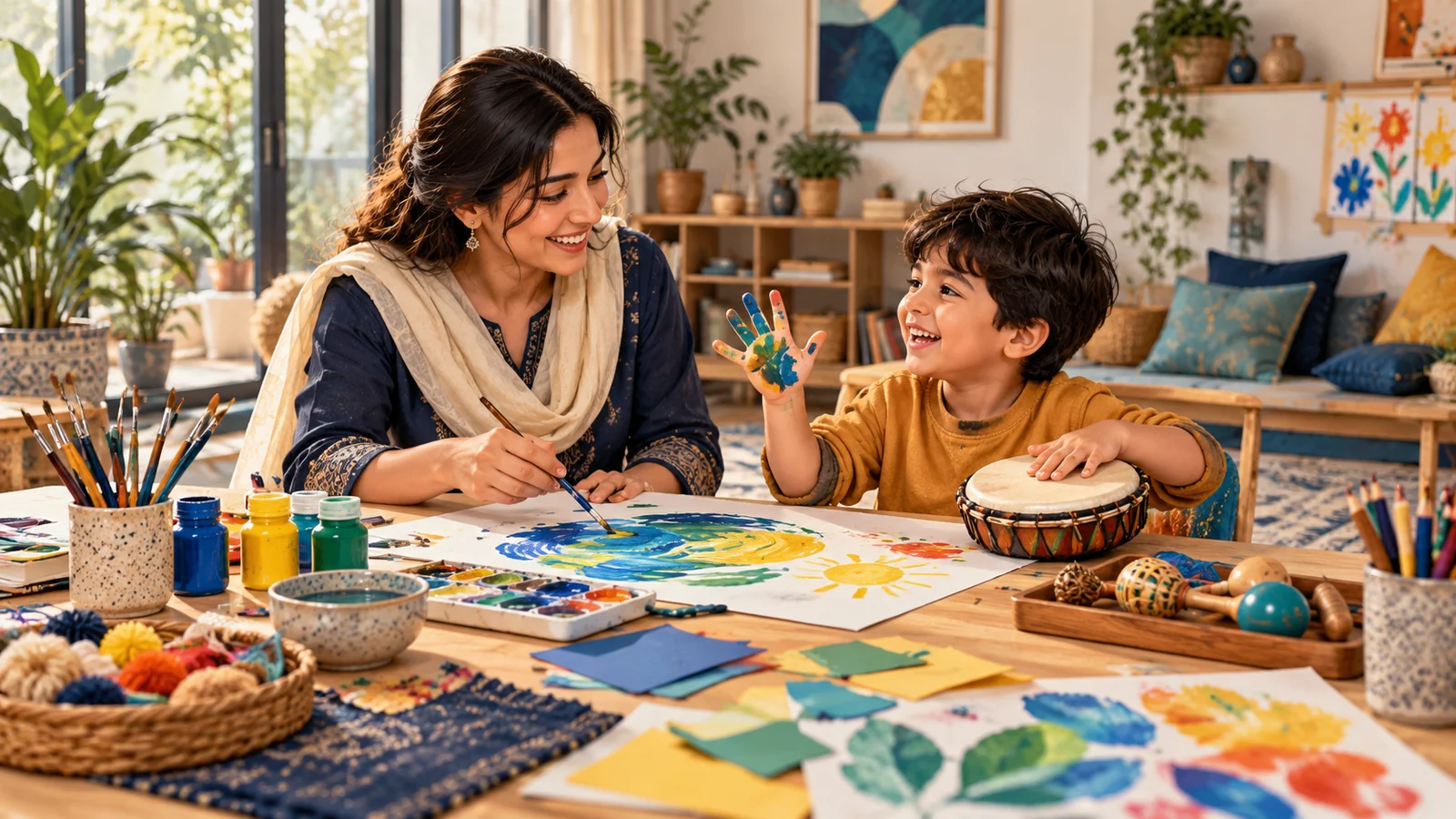 Illustrative creative therapist and child exploring paints and a small hand drum