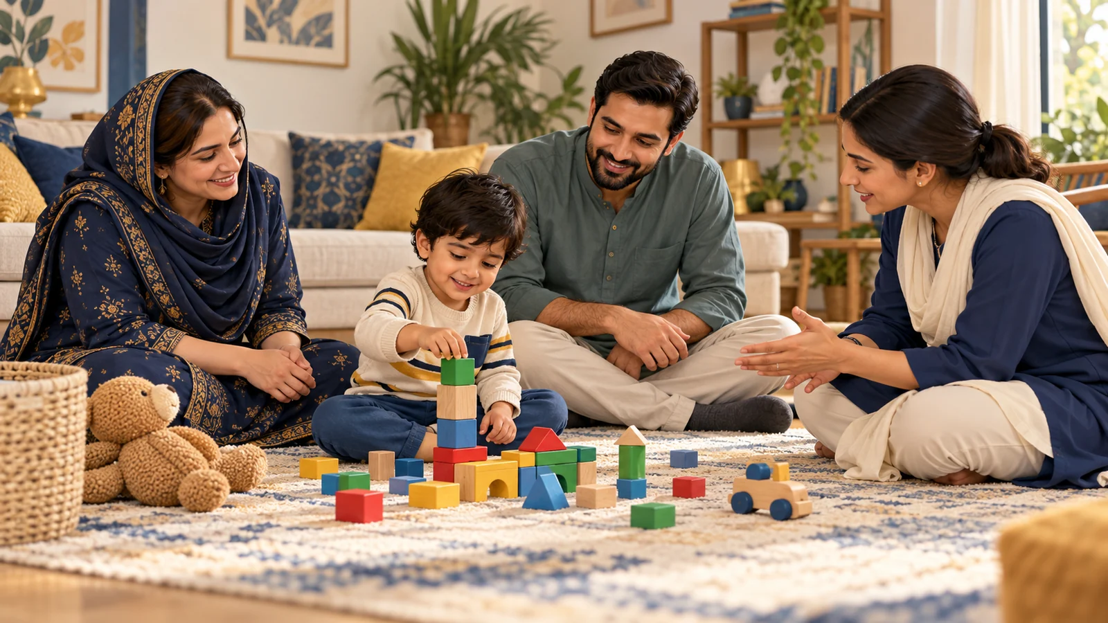 Illustrative caregiver coach supporting parents during their preschool child’s play activity